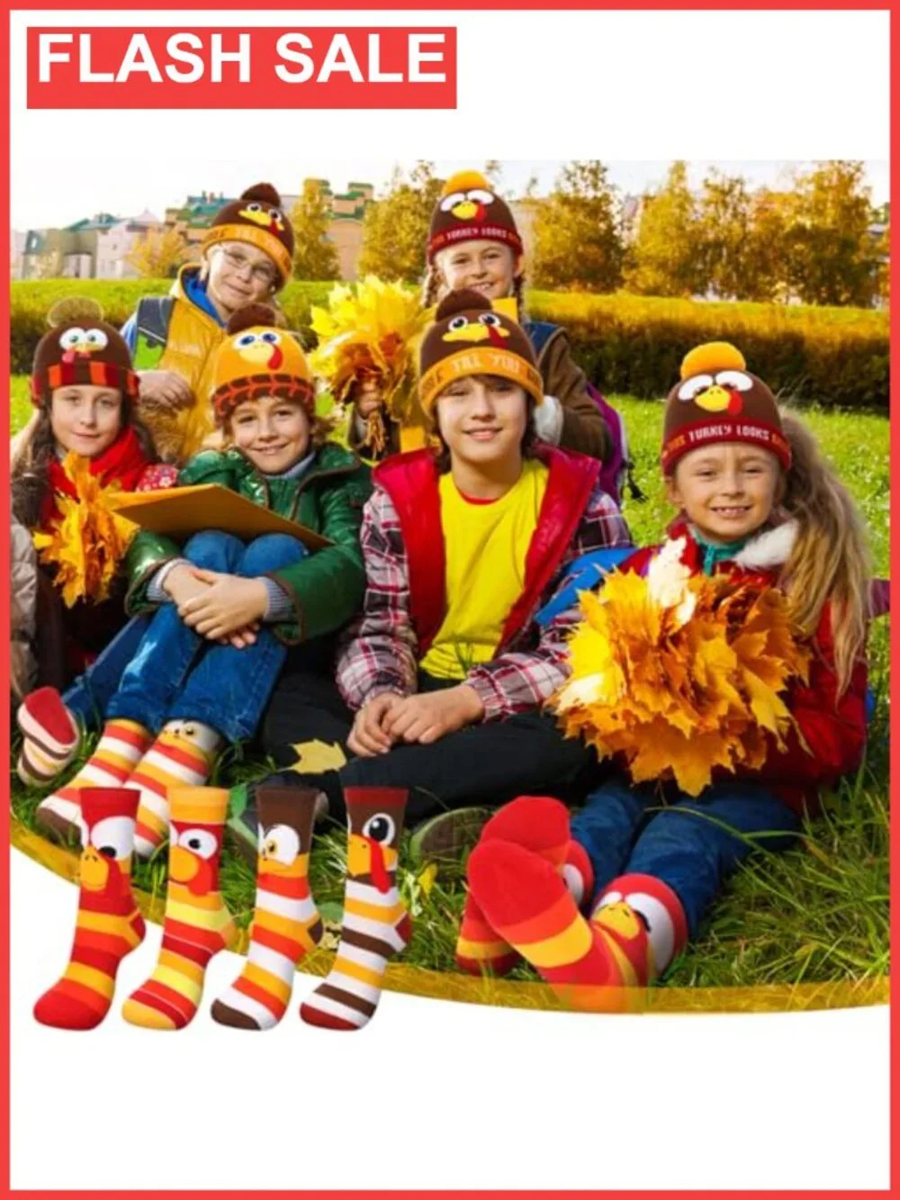 Thanksgiving Turkey Trot Beanie Hat and Sock Set Knit Pom Pom Caps